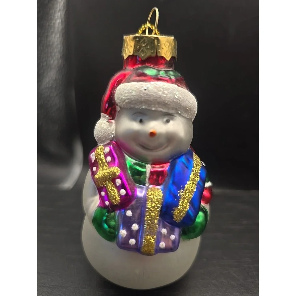 Vintage Lao Mai Christmas Holiday Ornaments Blown Glass Snowman Holding Present